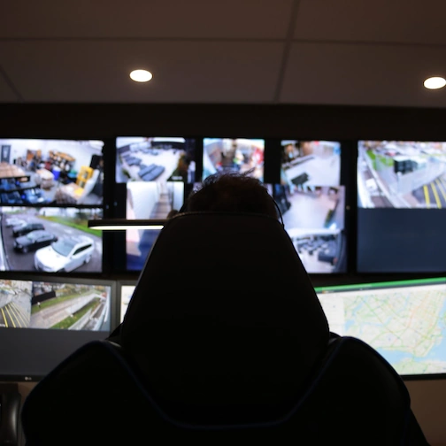 Asset Tracking being shown by a surveillance guard reviewing security cameras